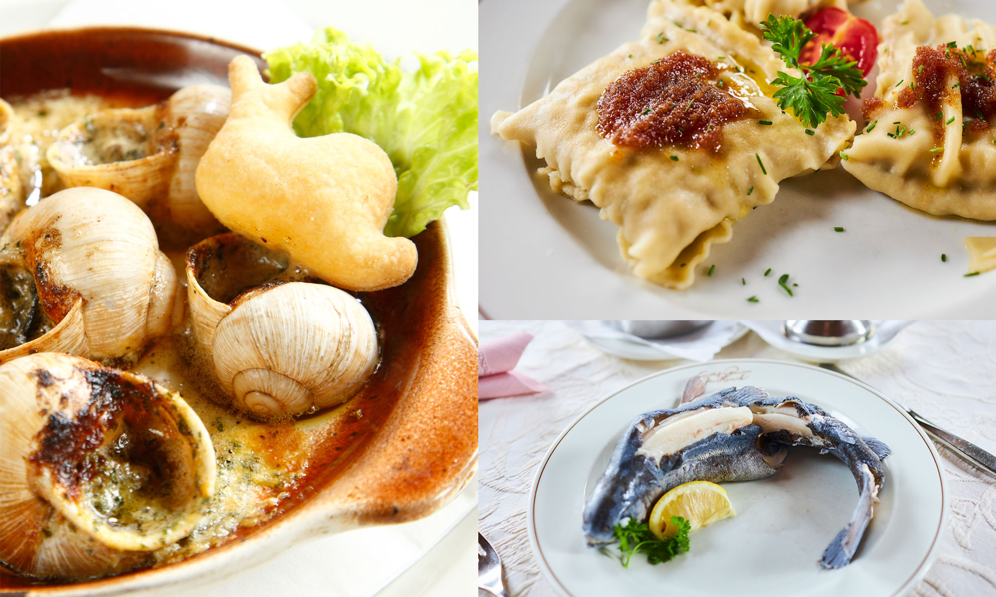 Gerichte aus der Küche des Gasthofs Hirsch: Weinbergschnecken, Maultaschen, Forelle